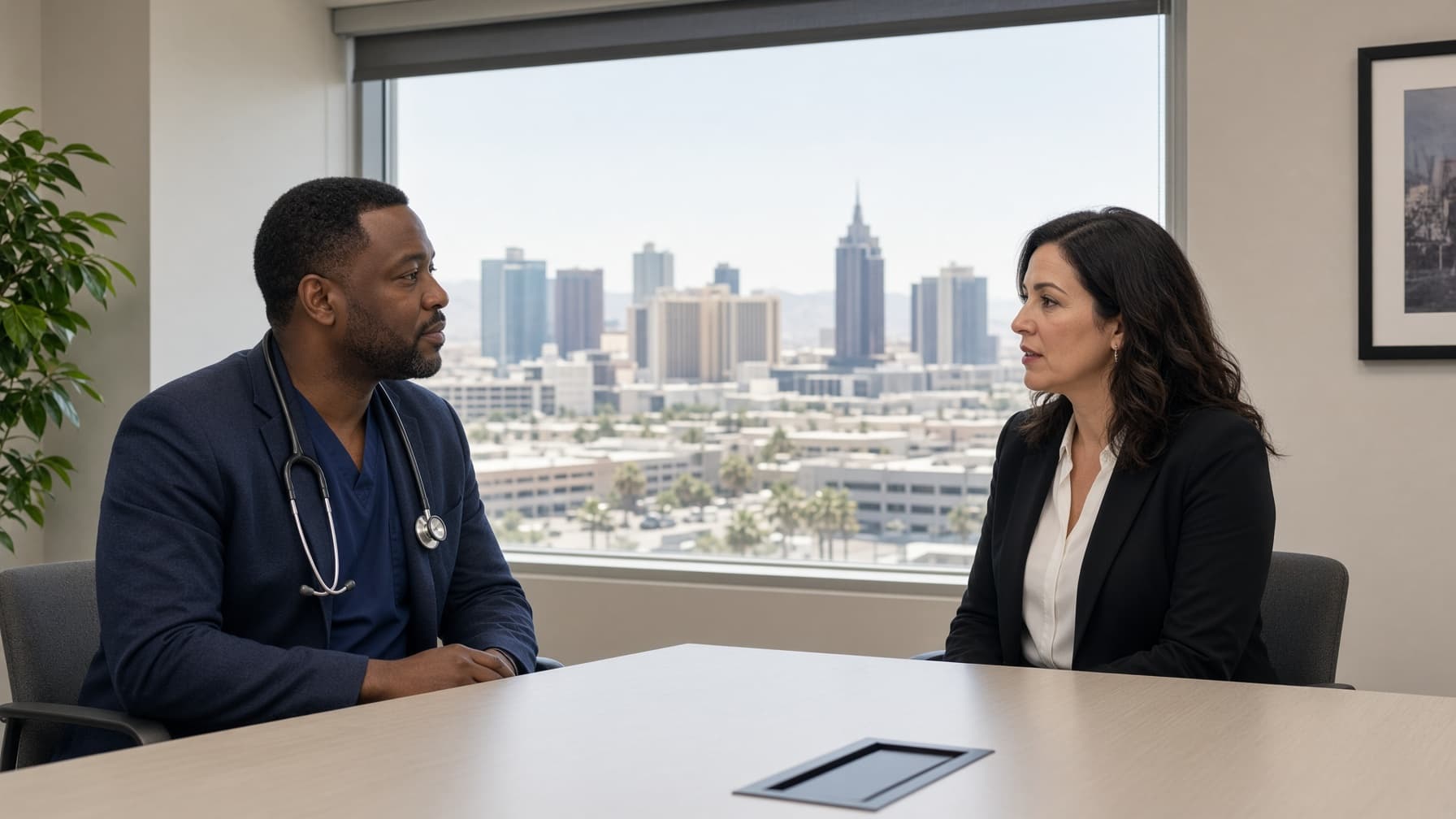 Physician and attorney coordinating patient care in the Las Vegas clinic