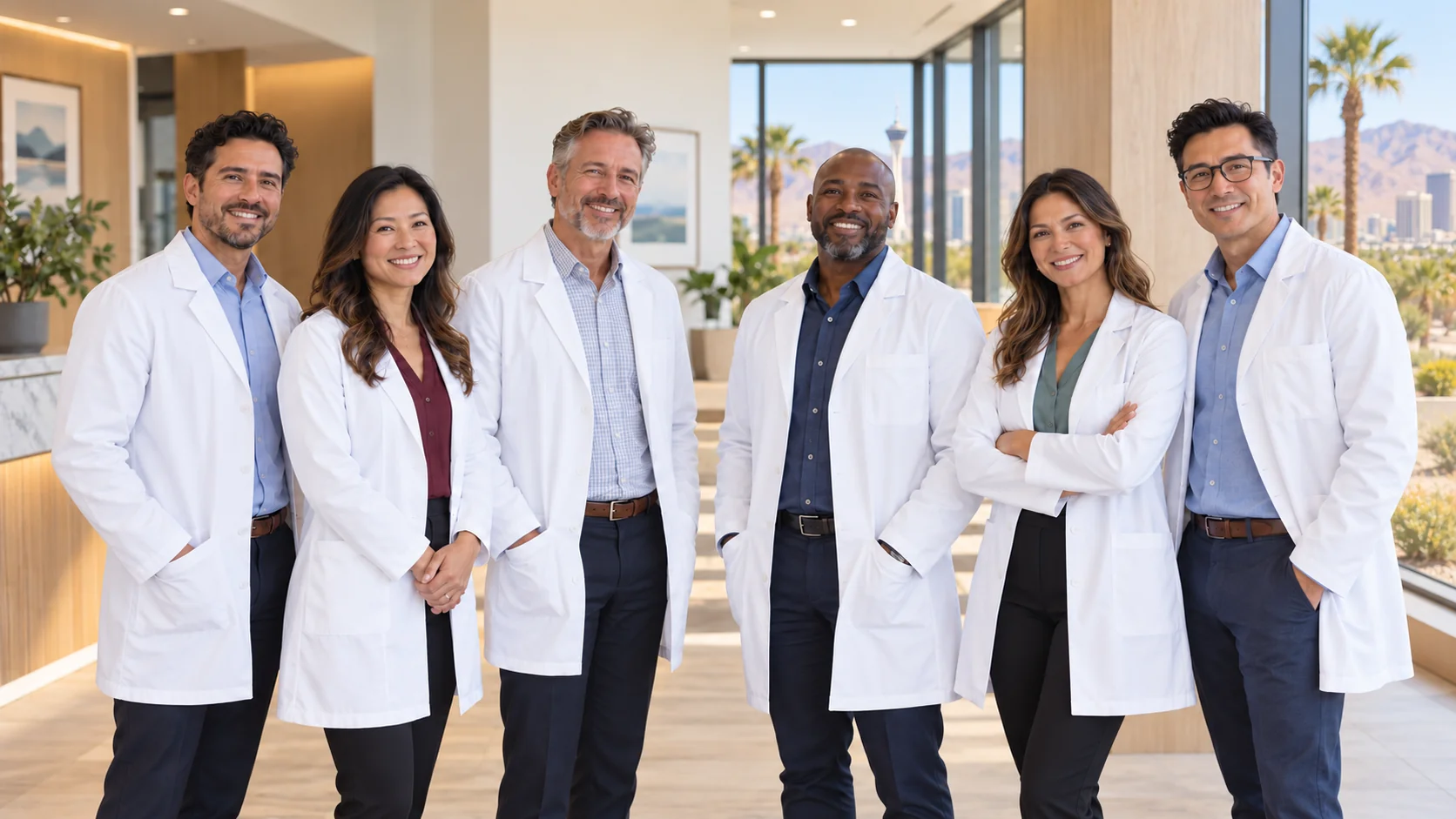 Illustration of six doctors in white coats in a Las Vegas medical office