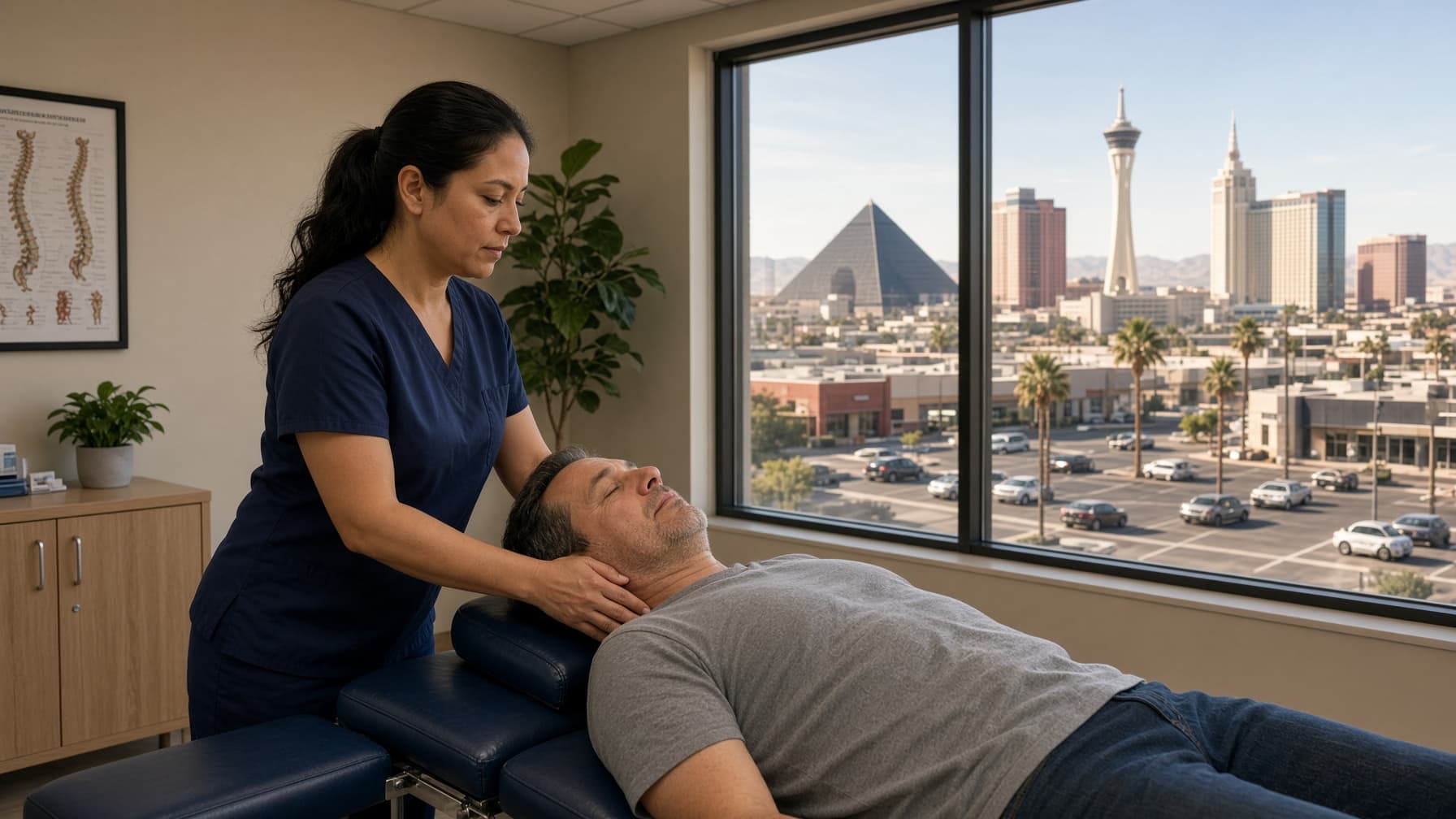 Chiropractor evaluating a patient after a car accident in the Impact Medical Group clinic on West Flamingo, Las Vegas